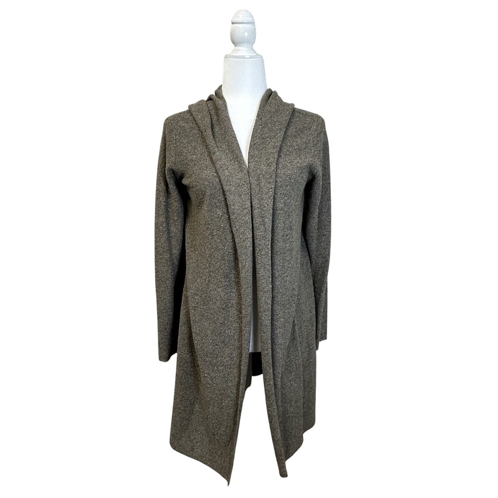 Eileen Fisher Brown Open‎ Front Long Hooded Cardigan Sweater Silk Blend Size M